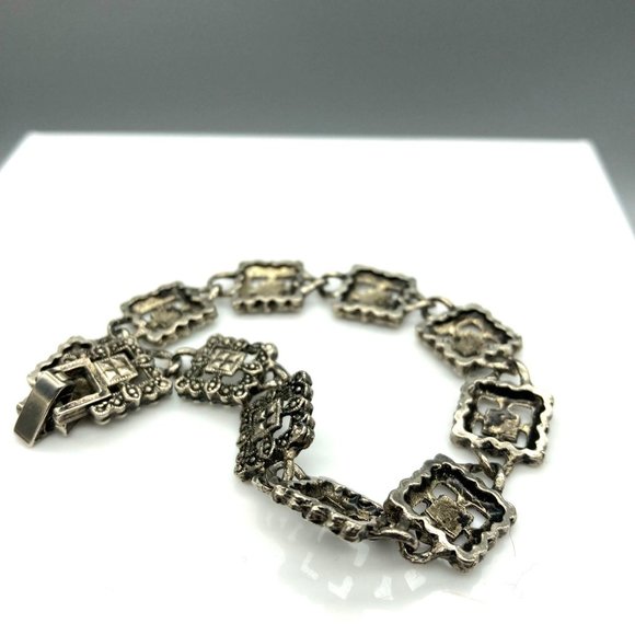 Vintage Marcasite Link Bracelet with Lacy Filigree Squares in Silver Tone - Picture 2 of 5